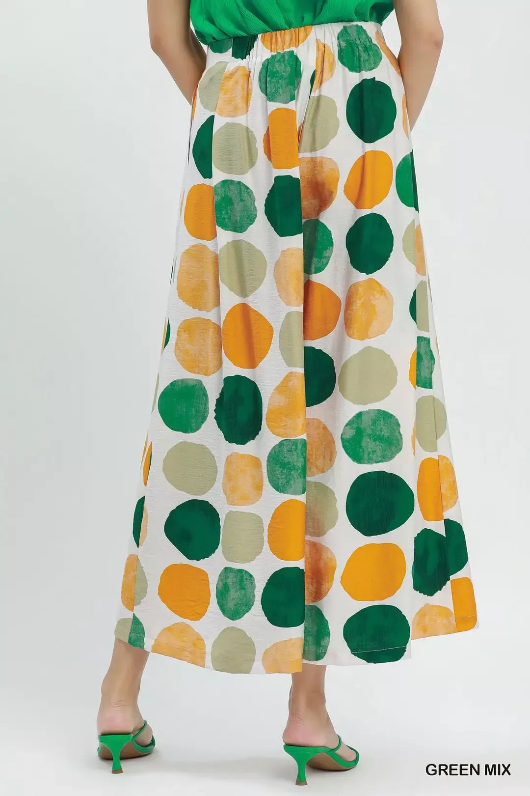Umgee Dot Print Wide Leg Pants - GREEN MIX / S