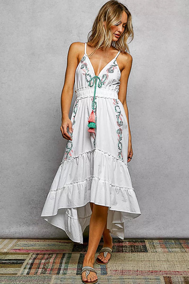 POL Embroidered Detail Tassel Tie Smocked Waist Midi Tiered Cami Dress - IVORY / S