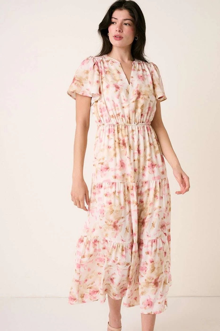 Mittoshop Flower Print Flutter Sleeve V Slit Maxi Dress - PINK / S