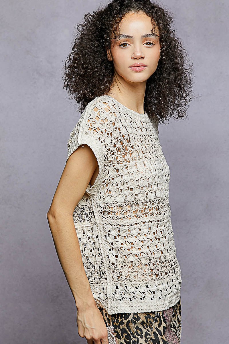 POL Openwork Round Neck Crochet Top - NATURAL / One Size