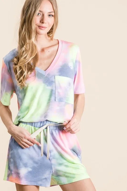 BiBi Tie Dye Casual Shorts with Twill Tape Drawstring - BLUE/N.YELLOW / S