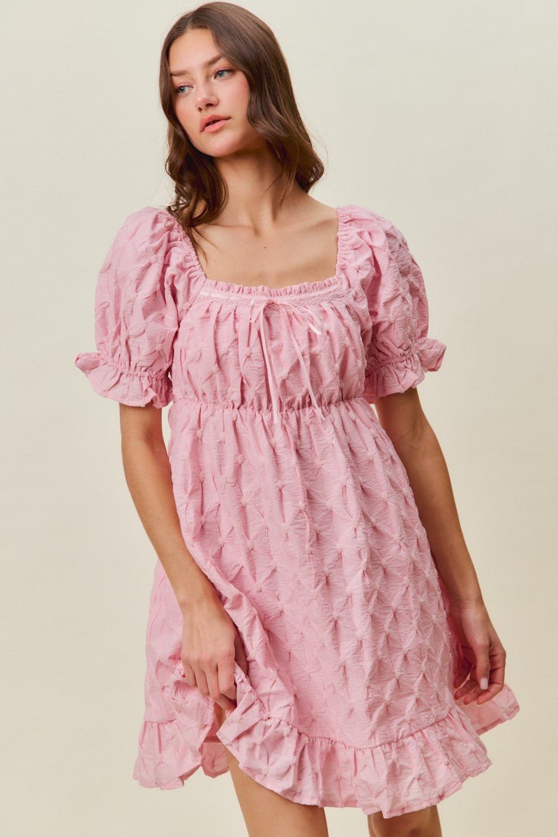 SO ME Texture Woven Ruching On Bust Mini Dress - PINK / S