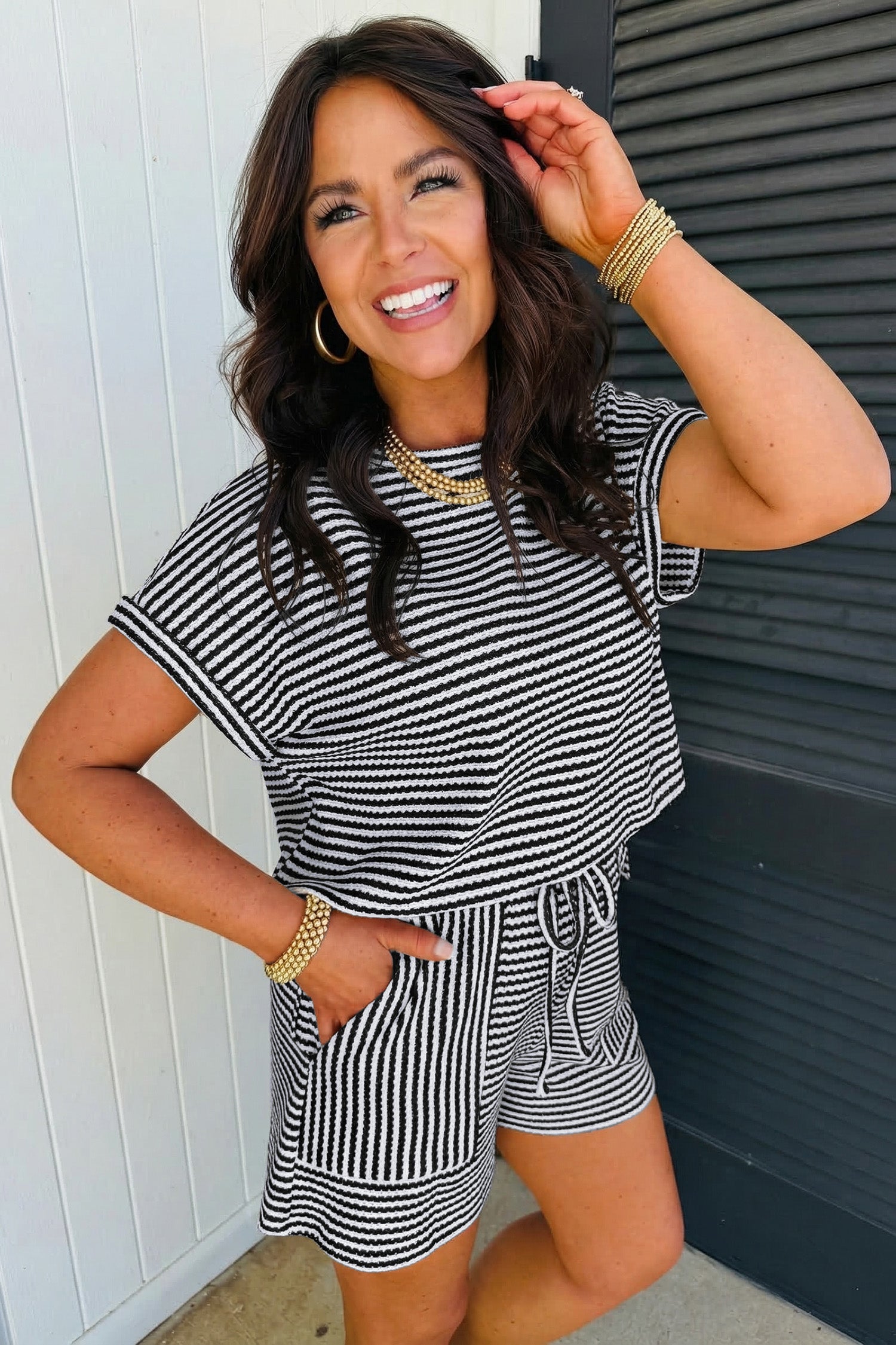 Pink Stripe Breathable Textured Knit Short 2pcs Set