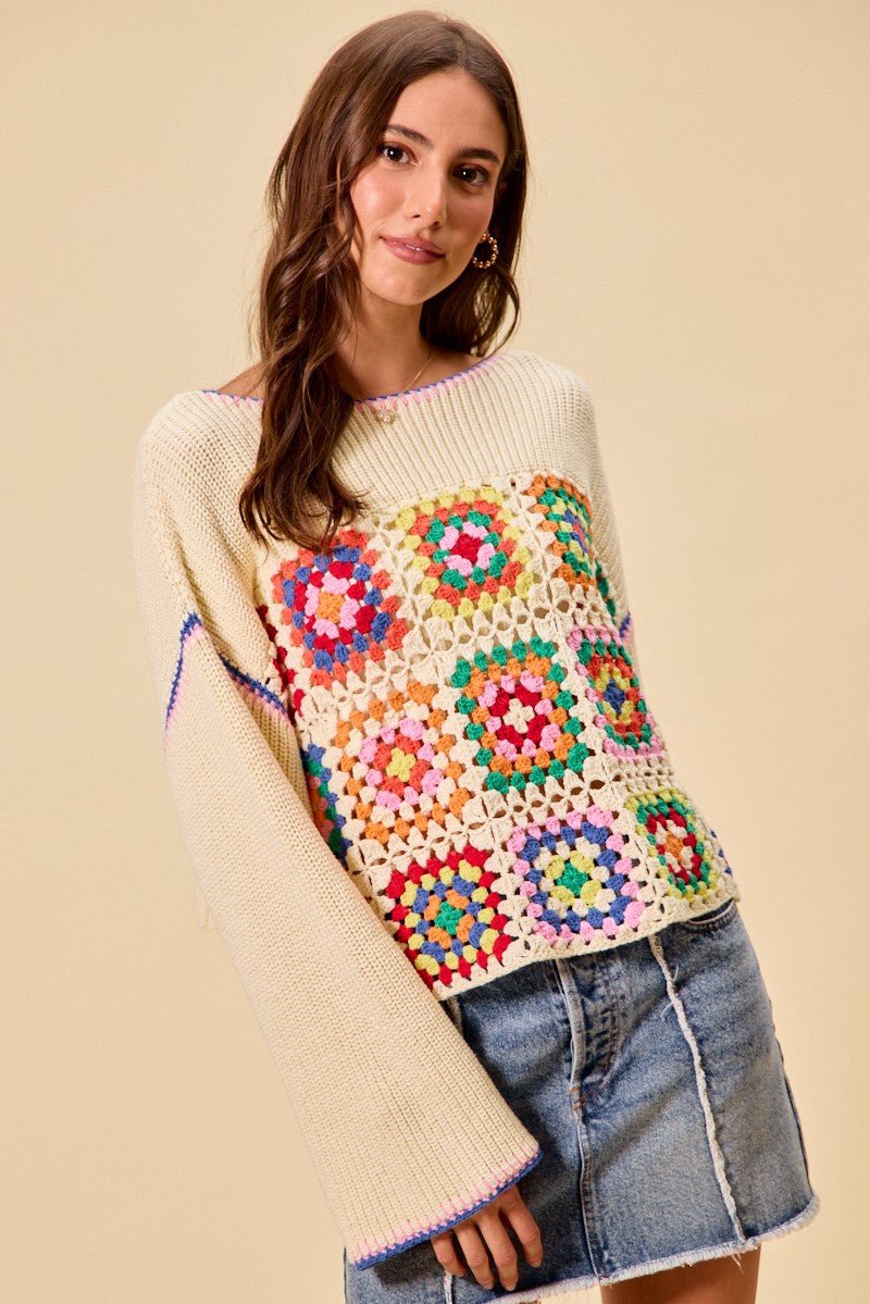 SO ME Multi Color Granny Crochet Lace Sweater Top - CREAM COMBO / S