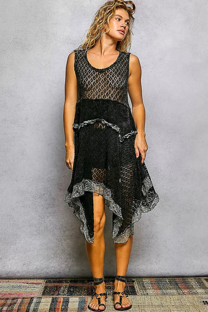 POL Texture Lace Ruffled Sleeveless Dress - BLACK / S