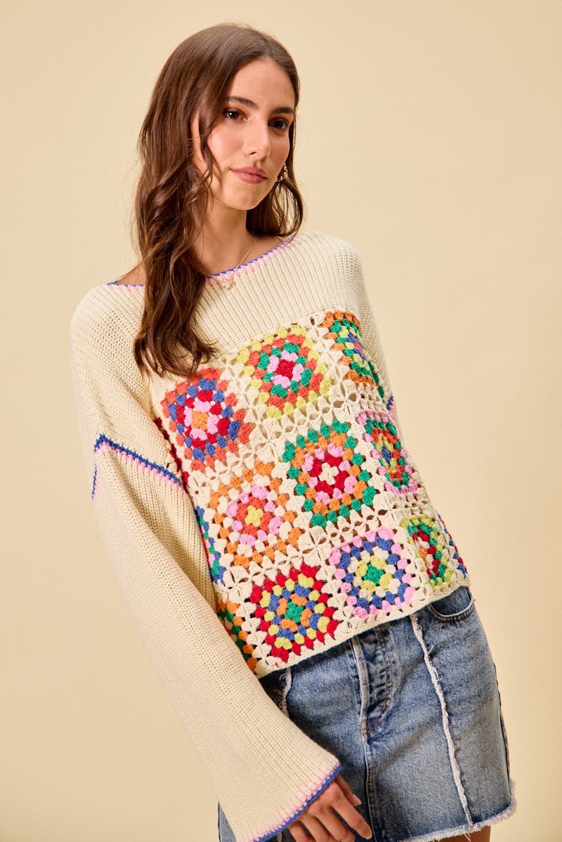 SO ME Multi Color Granny Crochet Lace Sweater Top - CREAM COMBO / S