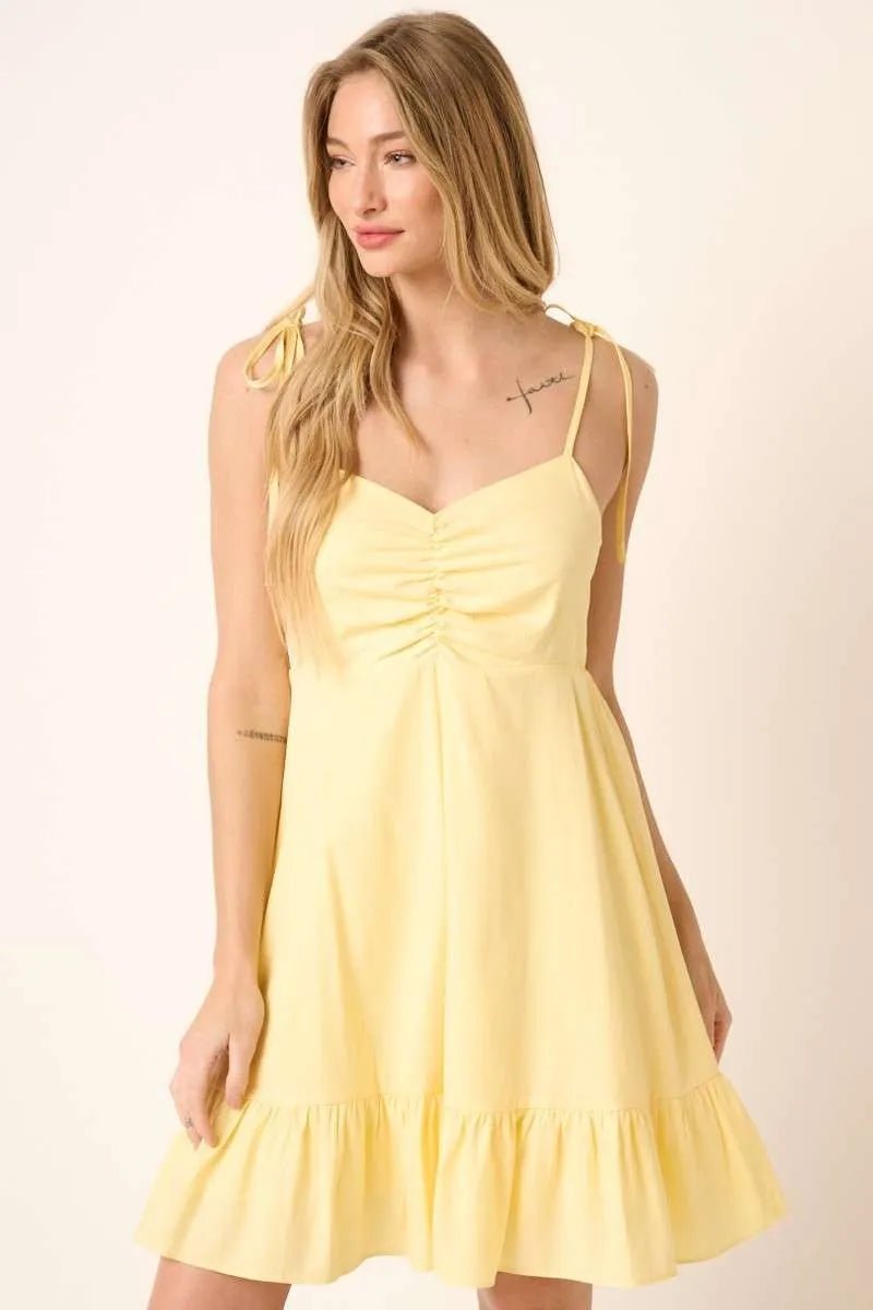 Mittoshop Ruched Detail Spaghetti Tie Mini Dress - YELLOW / S