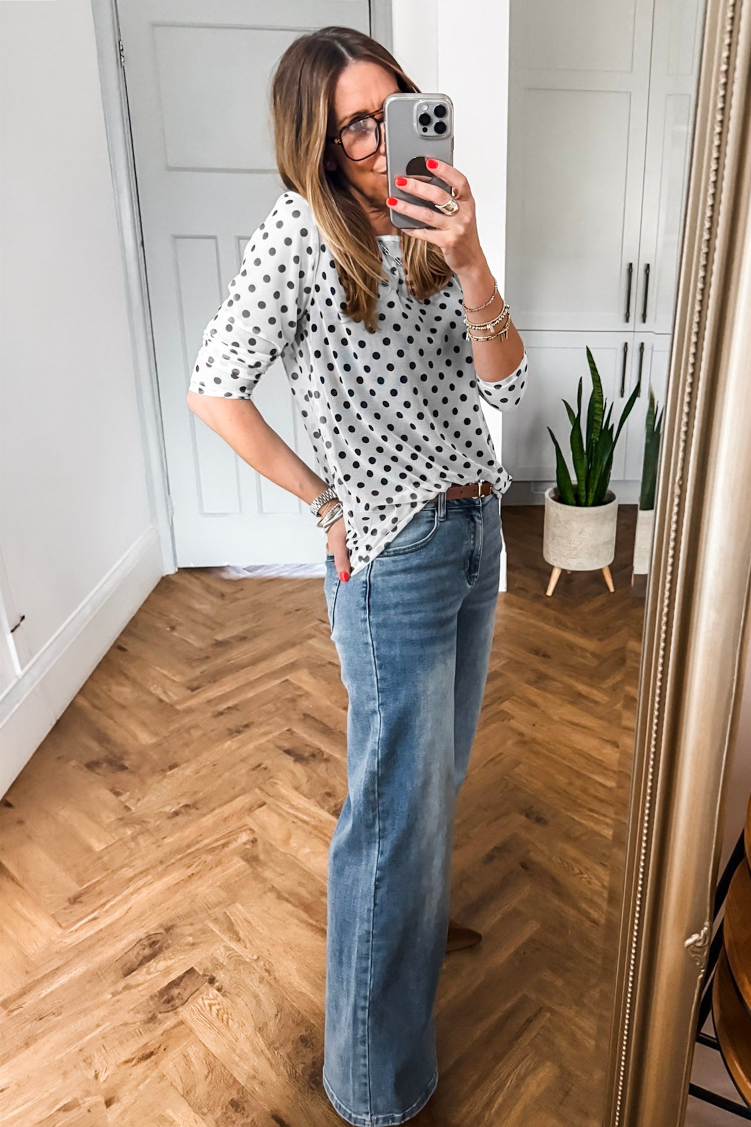 Black Polka Dot Round Neck Long Sleeve Shift Pullover