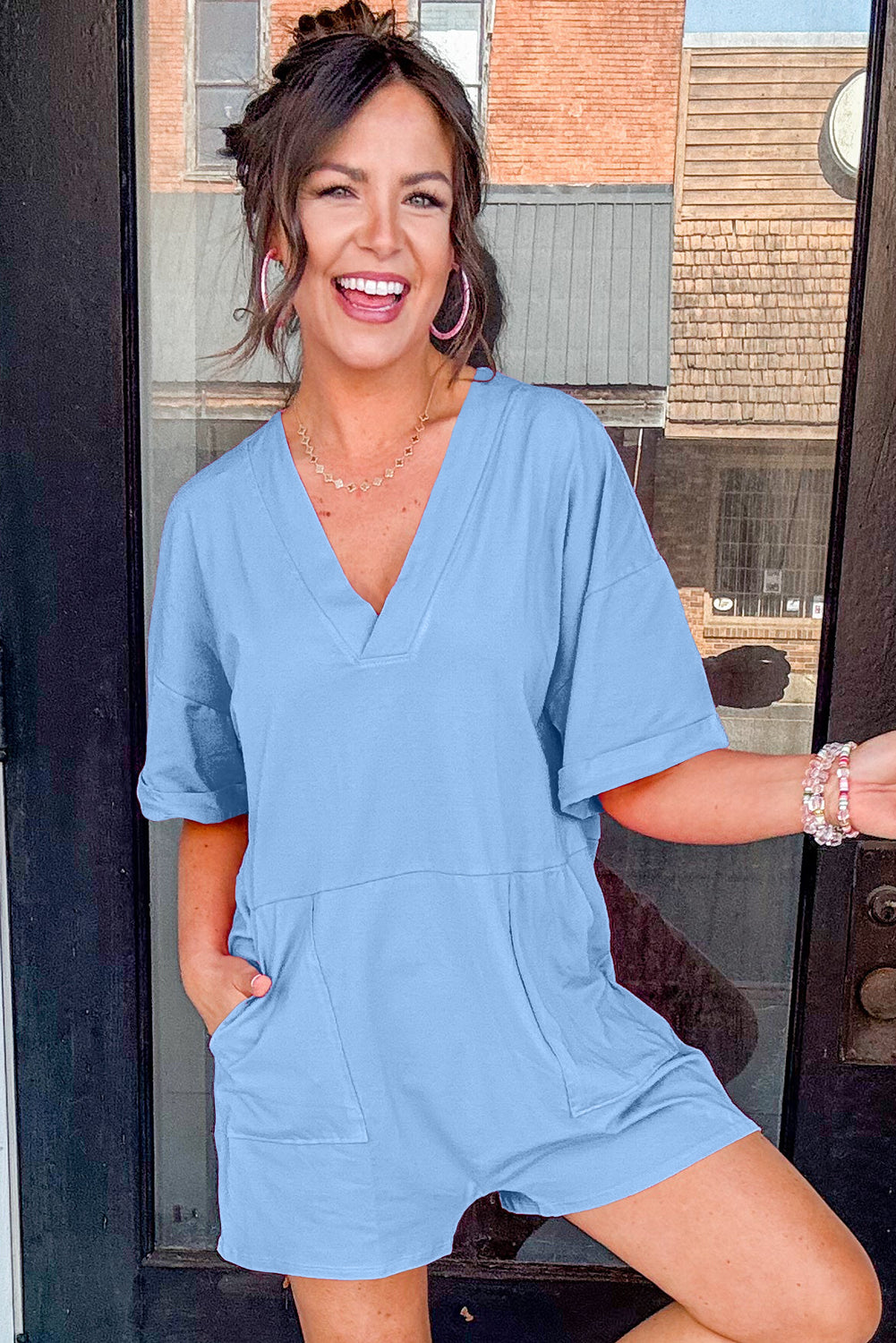 Grass Green Loose Half Sleeve V Neck Plain Romper