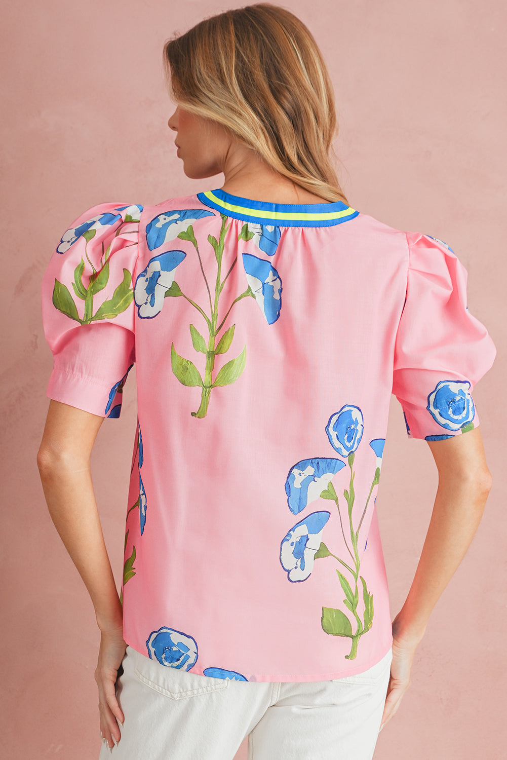 Pink Puff Sleeve Floral Pop of Color Neckline Blouse