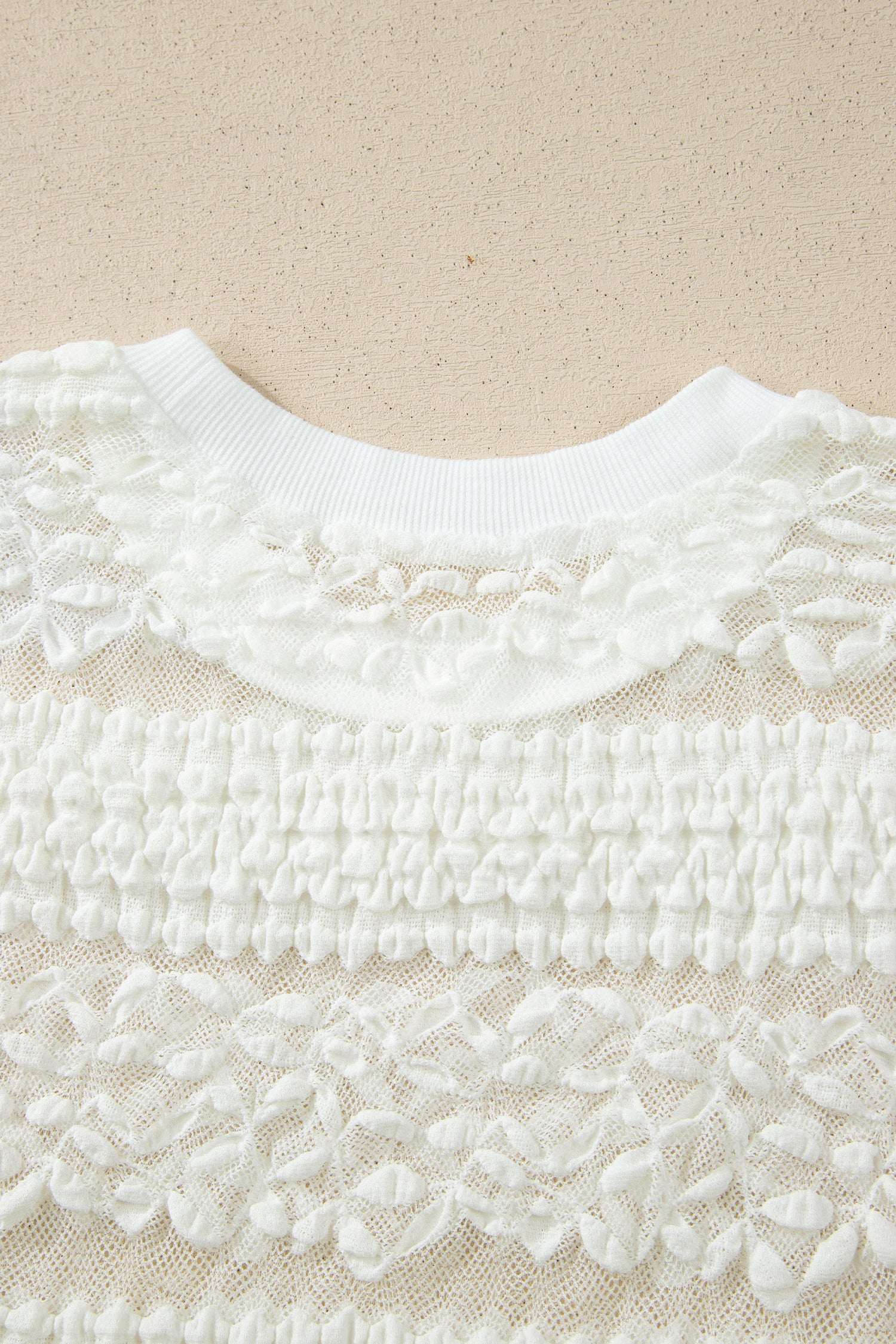White Sheer Lace Textured Patchwork Short Sleeve Top