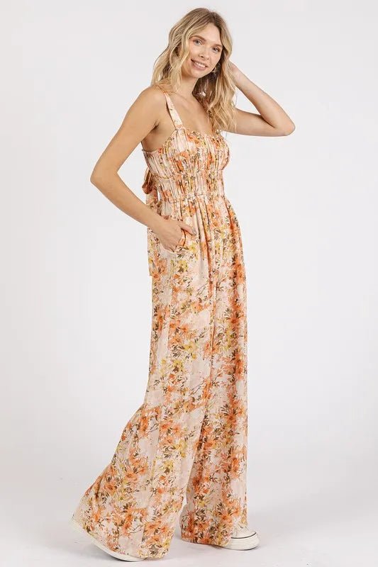 Mittoshop Flower Print Gathered Bust Sleeveless Jumpsuit - Ginger / S