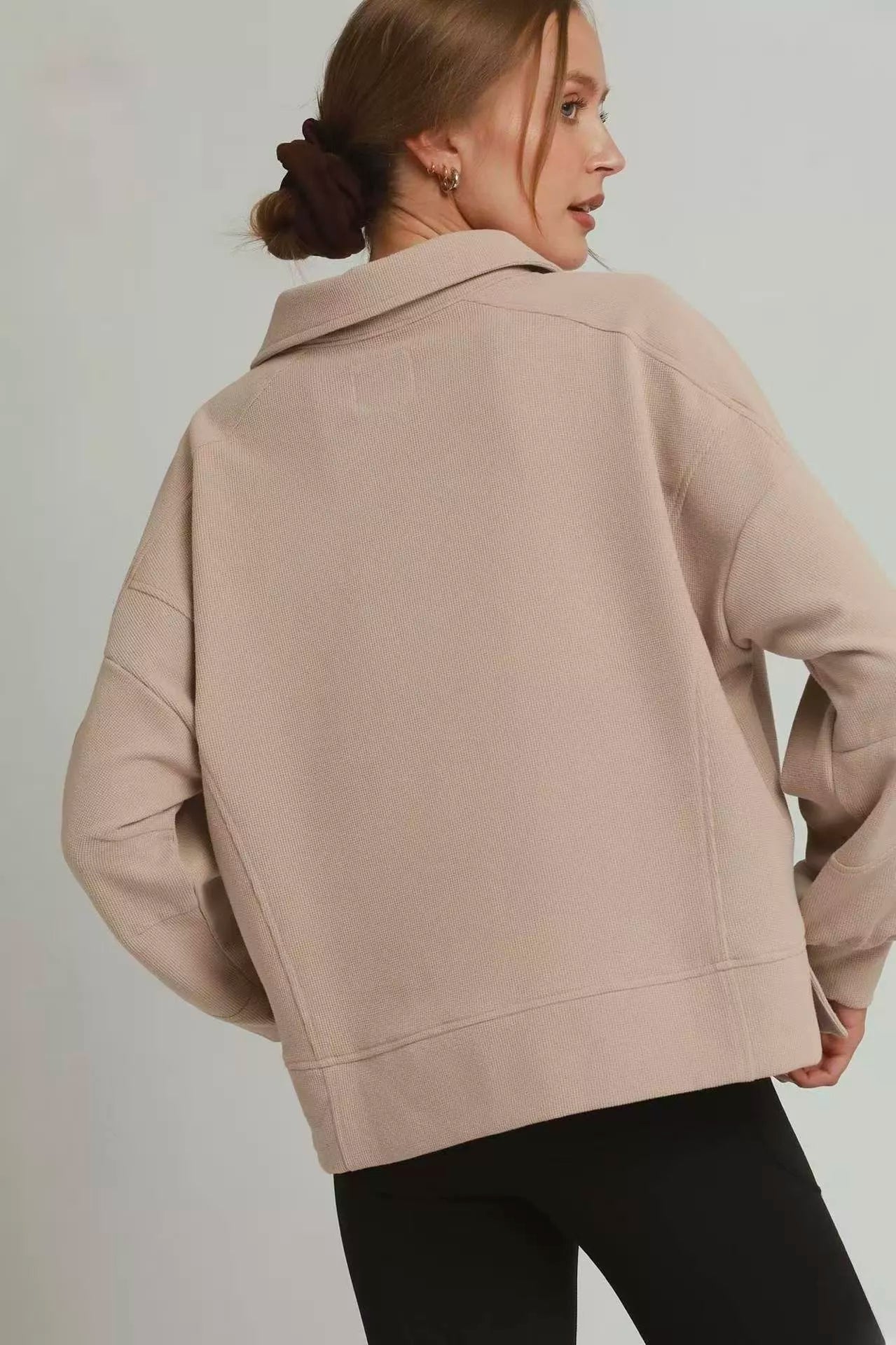 Umgee Brushed Waffle Polo Collared Pullover - TAUPE / S