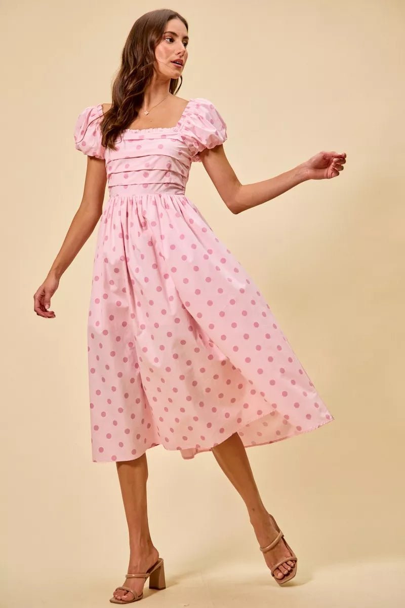 SO ME Polka Cotton Print Short Sleeves Midi Dress - PINK / S