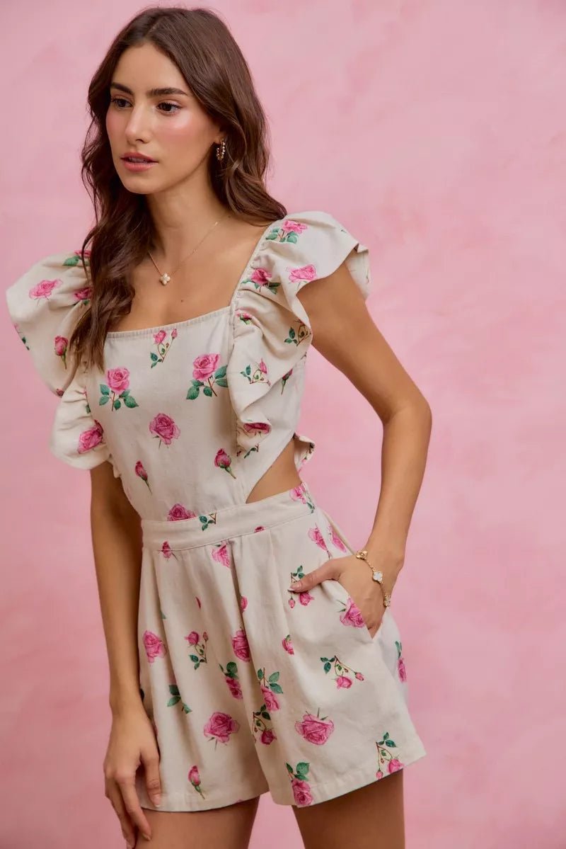 SO ME Floral Print Denim Cut Out Waist Ruffled Romper - IVORY/PINK / S