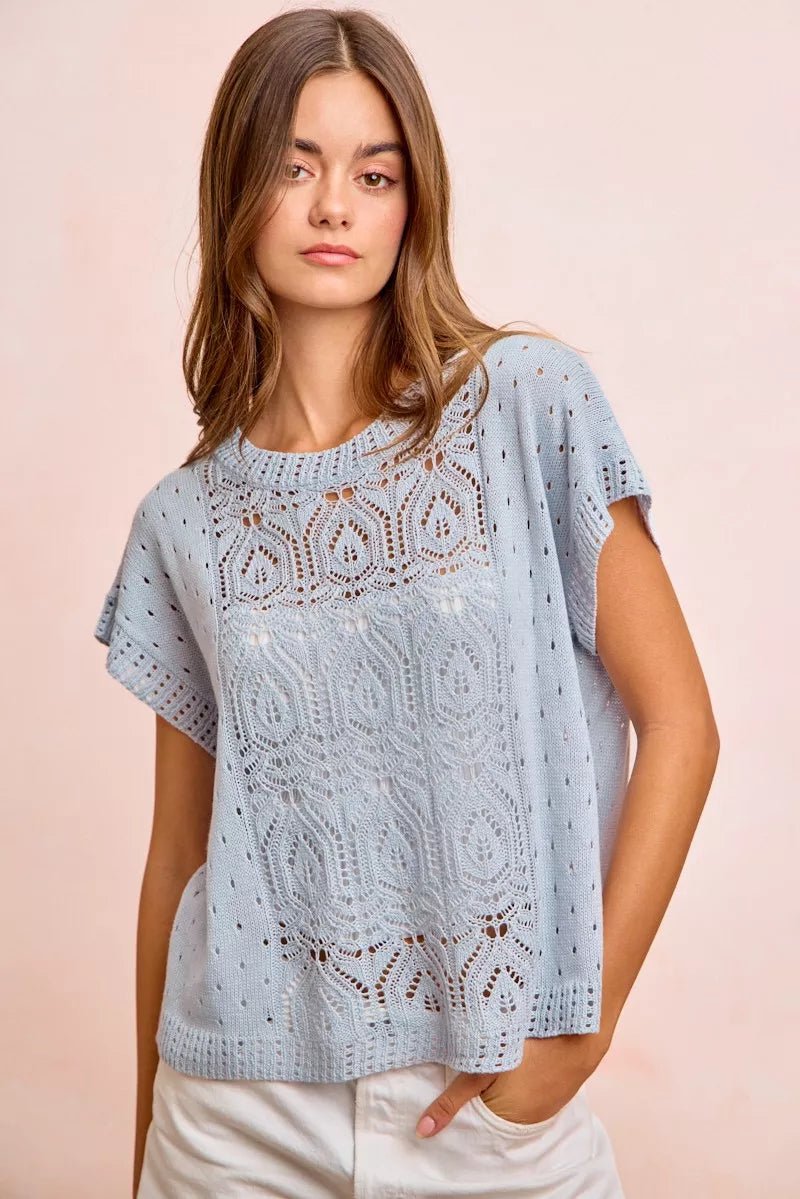 BiBi Washed Eyelet Short Sleeve Breathable Knit Top - Washed Ice Blue / S