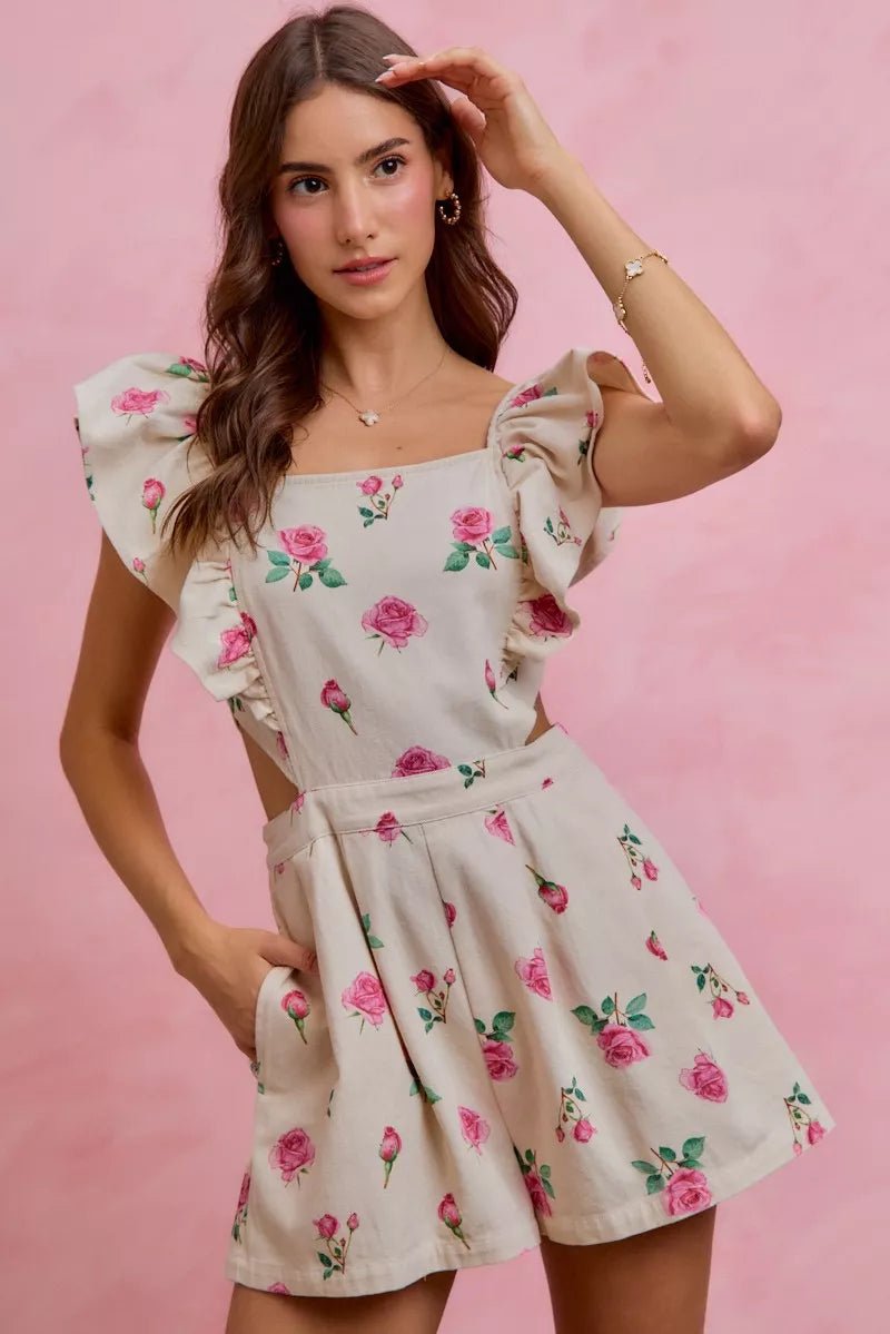 SO ME Floral Print Denim Cut Out Waist Ruffled Romper - IVORY/PINK / S