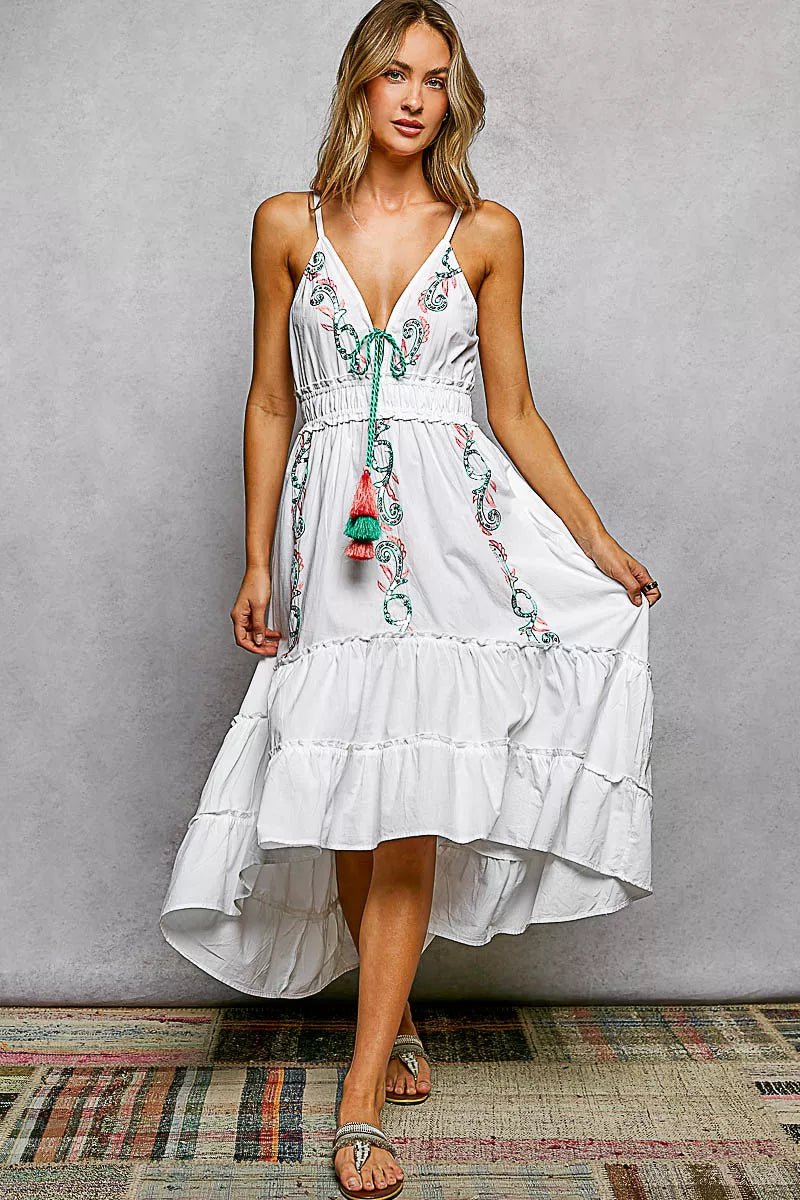 POL Embroidered Detail Tassel Tie Smocked Waist Midi Tiered Cami Dress - IVORY / S