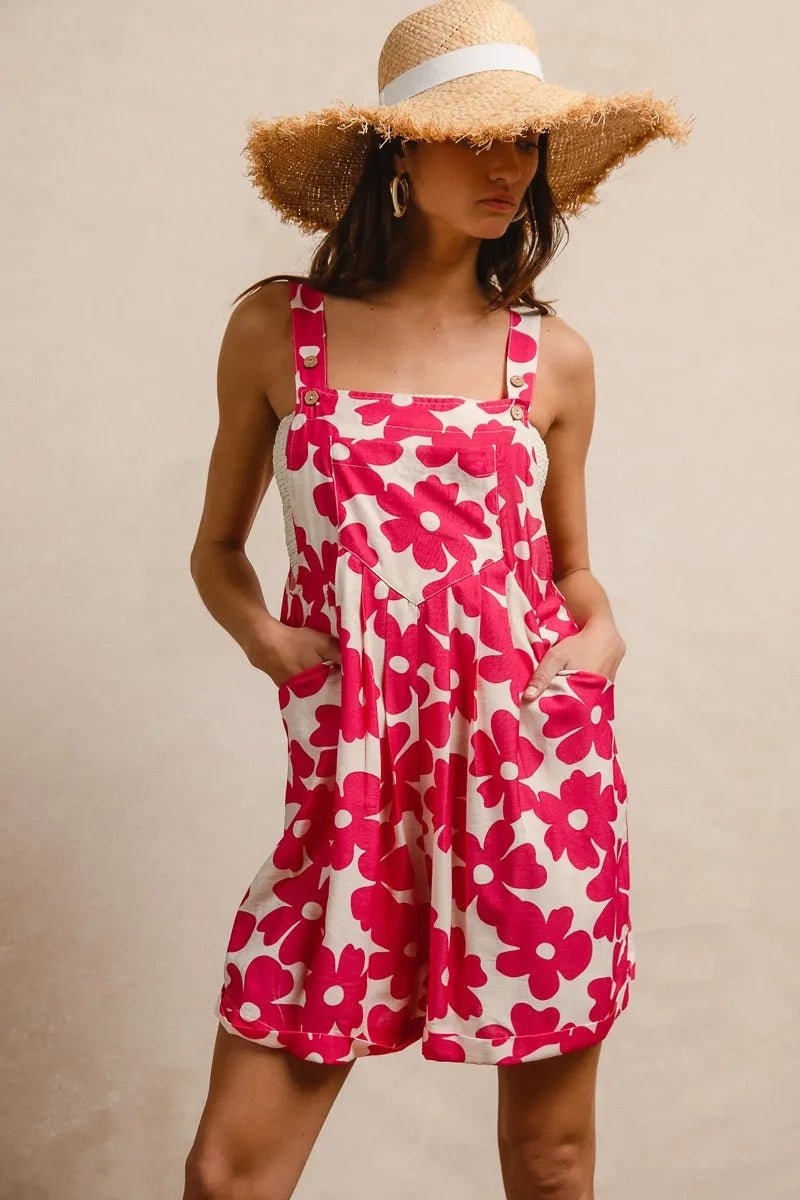 BiBi Floral Prints Tuck Detail Short Overall With Pockets - FUCHSIA / S