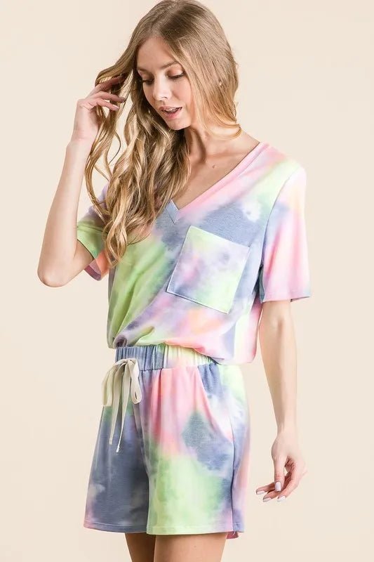 BiBi Tie Dye Casual Shorts with Twill Tape Drawstring - BLUE/N.YELLOW / S