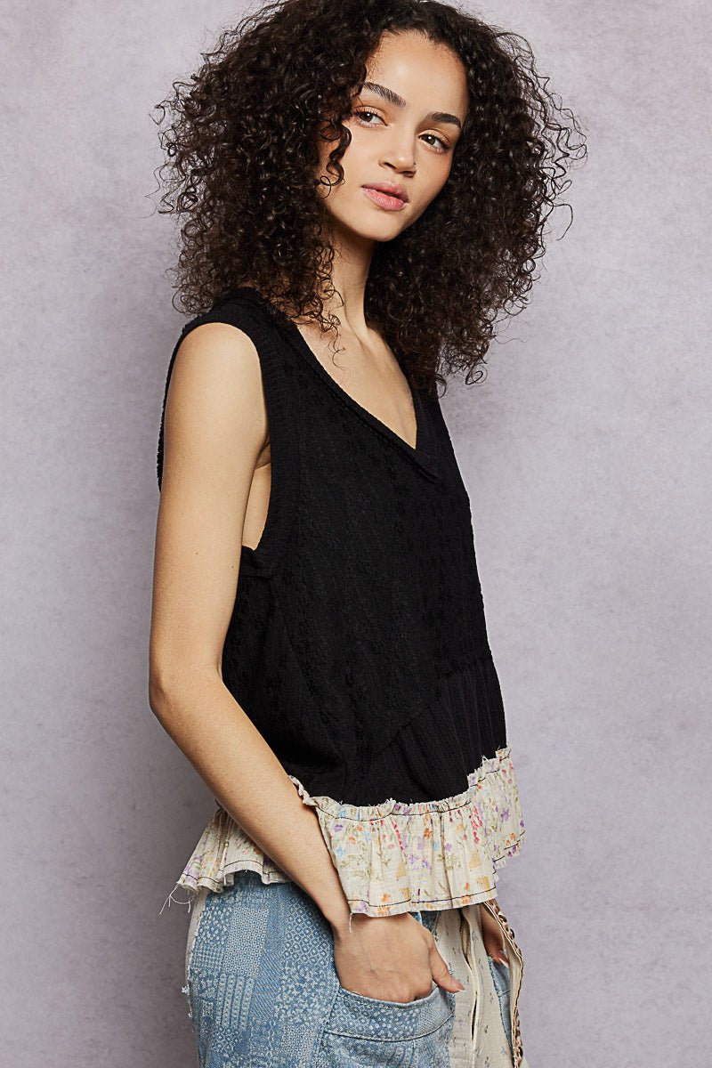 POL Floral Print V-Neck Textured Tank - BLACK / S