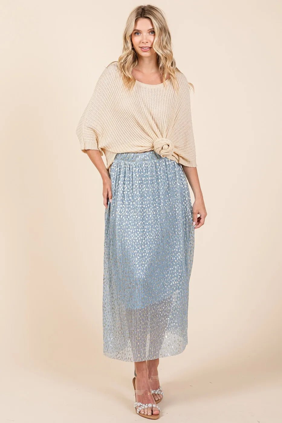 Mittoshop Metallic Glitter Speckle Print Elastic Midi Skirt - BLUE / S