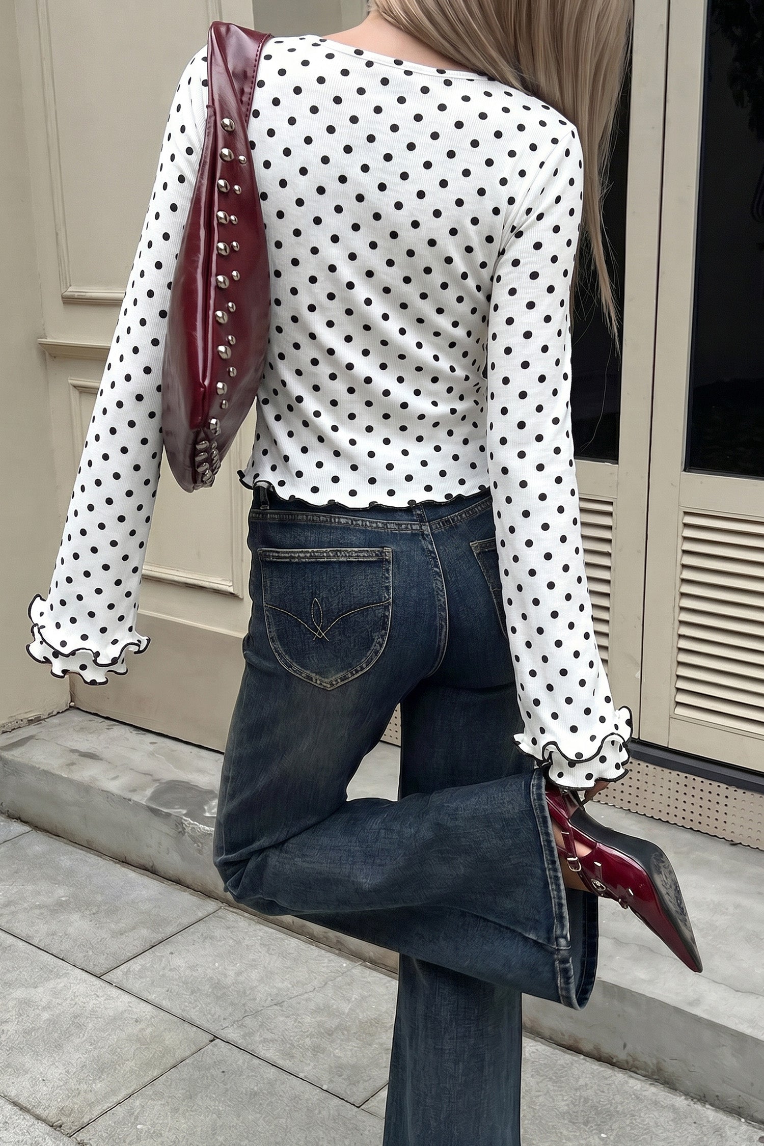 Black Polka Dot/ Leopard/ Flower Print Lettuce Trim Long Sleeve Top