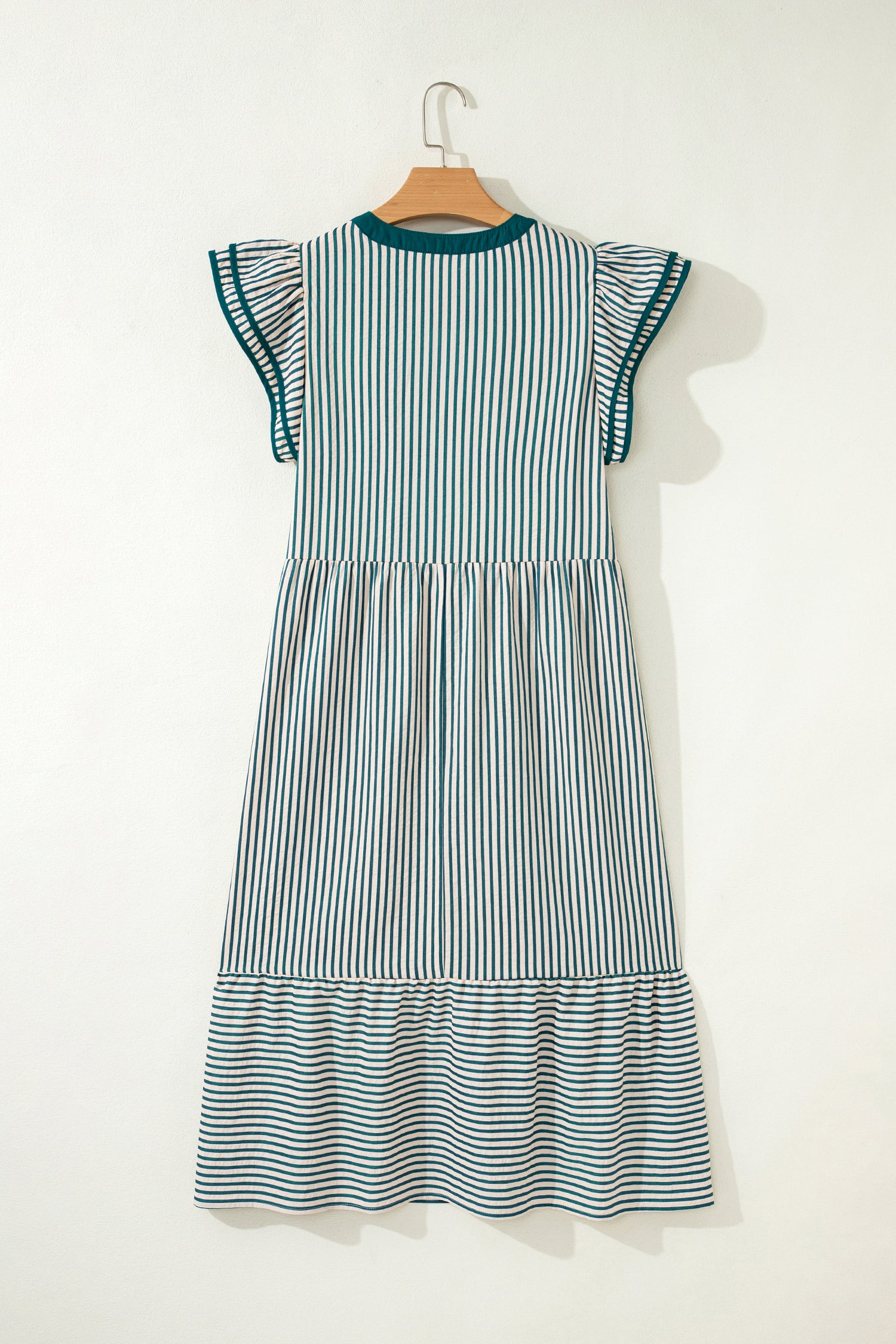 Black Stripe Double Ruffled Short Sleeve Contrast Trim V Neck Midi Dress