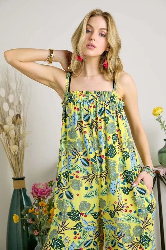 ADORA Elastic Detail Tropical Jumpsuit - YELLOW / S