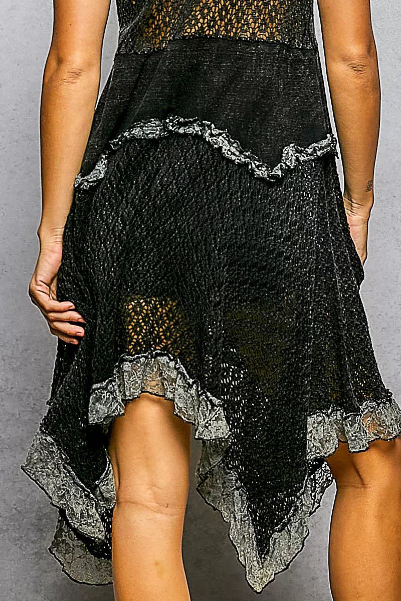 POL Texture Lace Ruffled Sleeveless Dress - BLACK / S