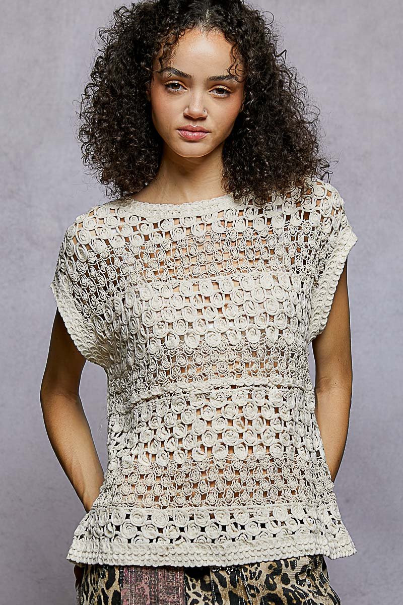 POL Openwork Round Neck Crochet Top - NATURAL / One Size
