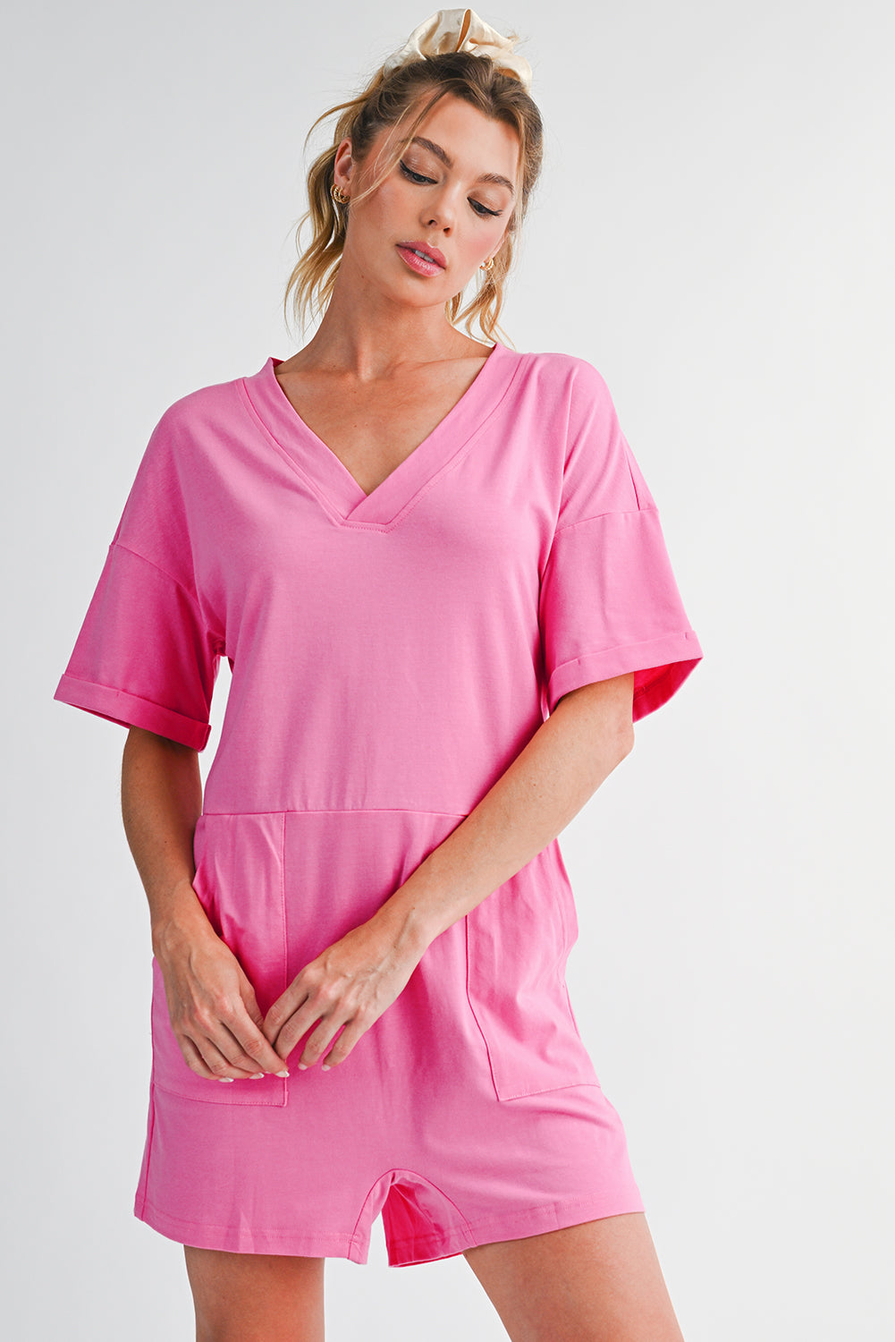 Grass Green Loose Half Sleeve V Neck Plain Romper