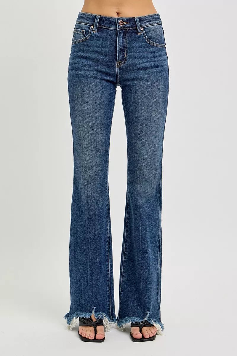 RISEN Full Size Mid Rise Flare Frayed Hem Jeans Plus Size - DARK / 0