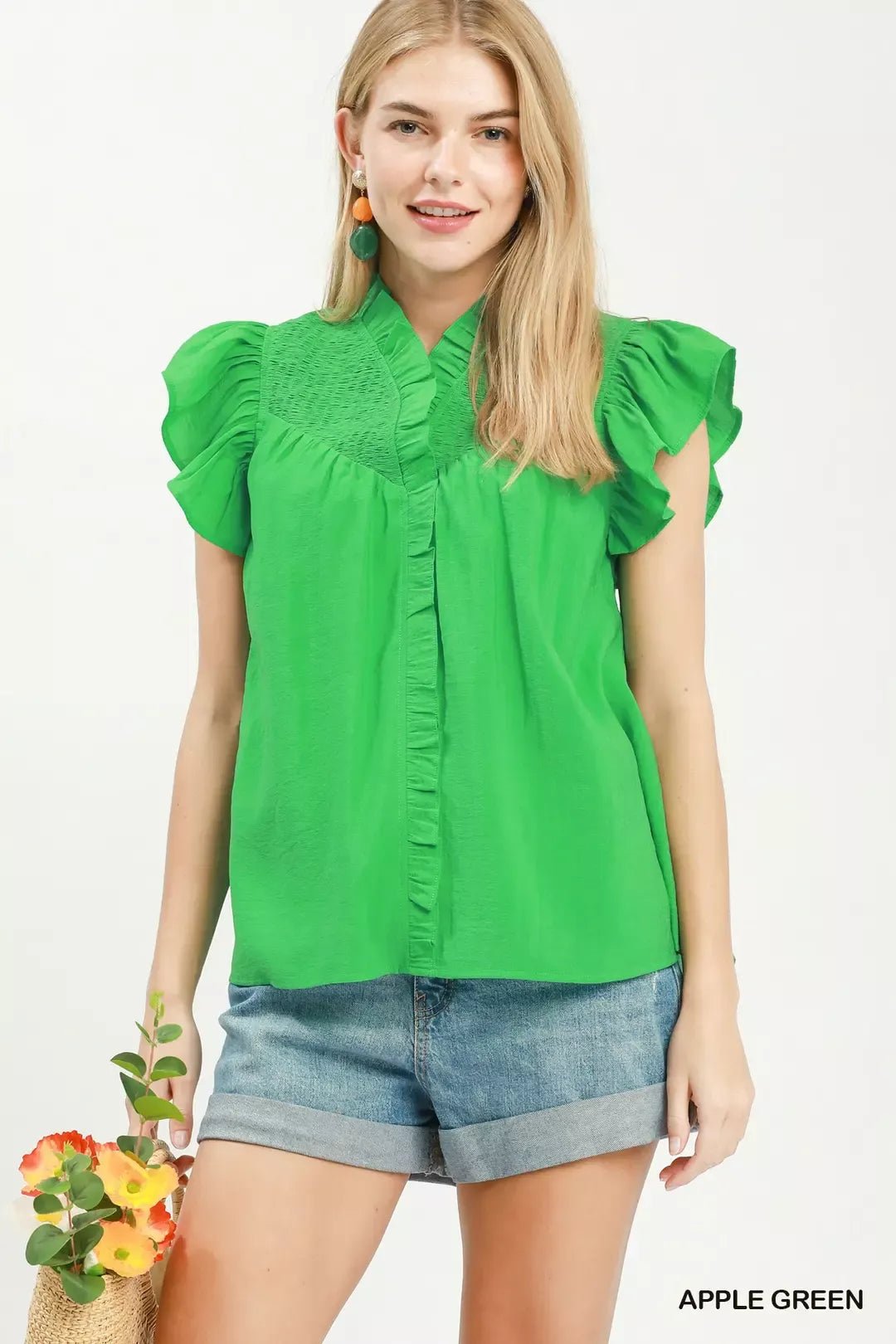 Smocked Yoke Ruffle Sleeve Blouse - APPLE GREEN / S