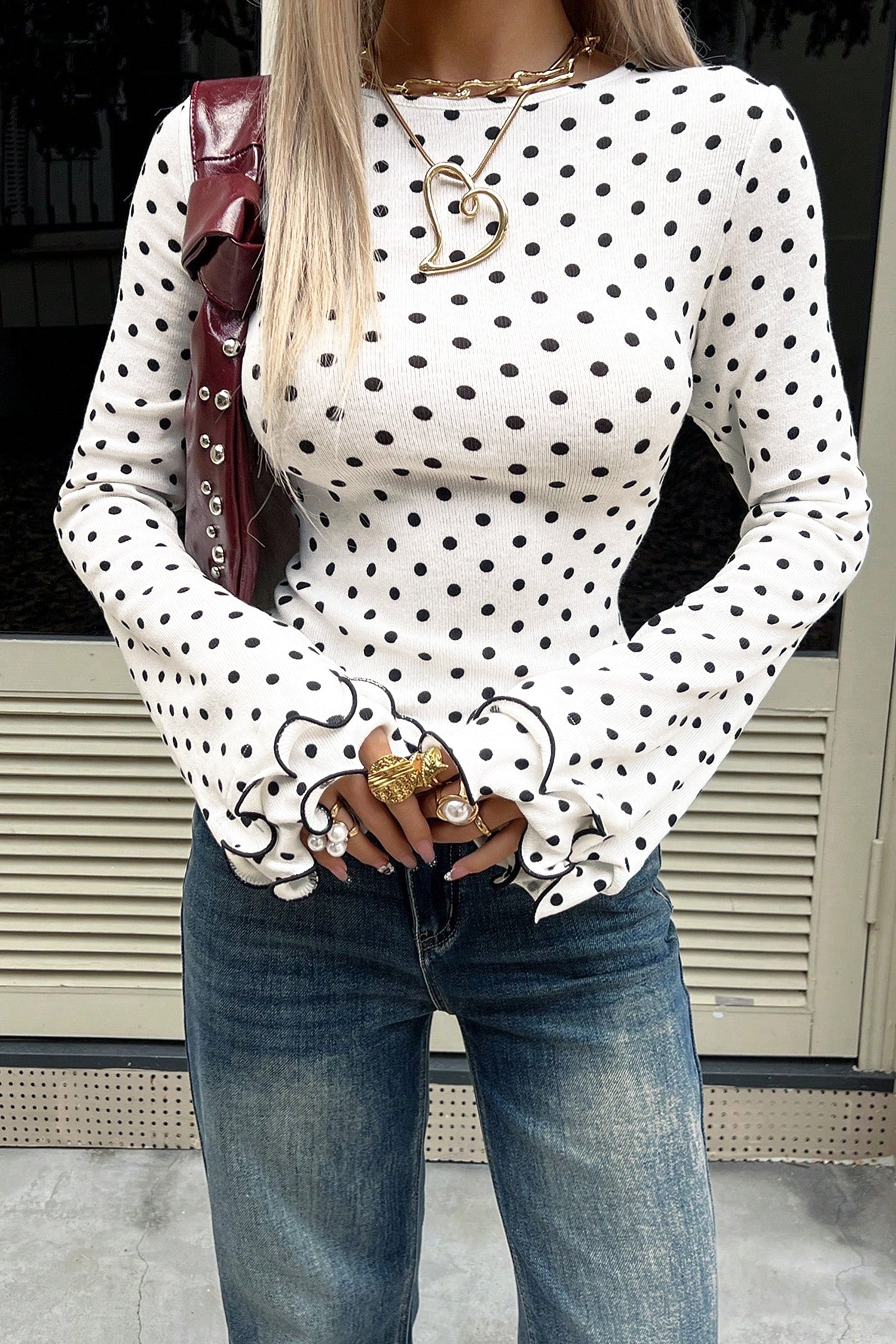Black Polka Dot/ Leopard/ Flower Print Lettuce Trim Long Sleeve Top