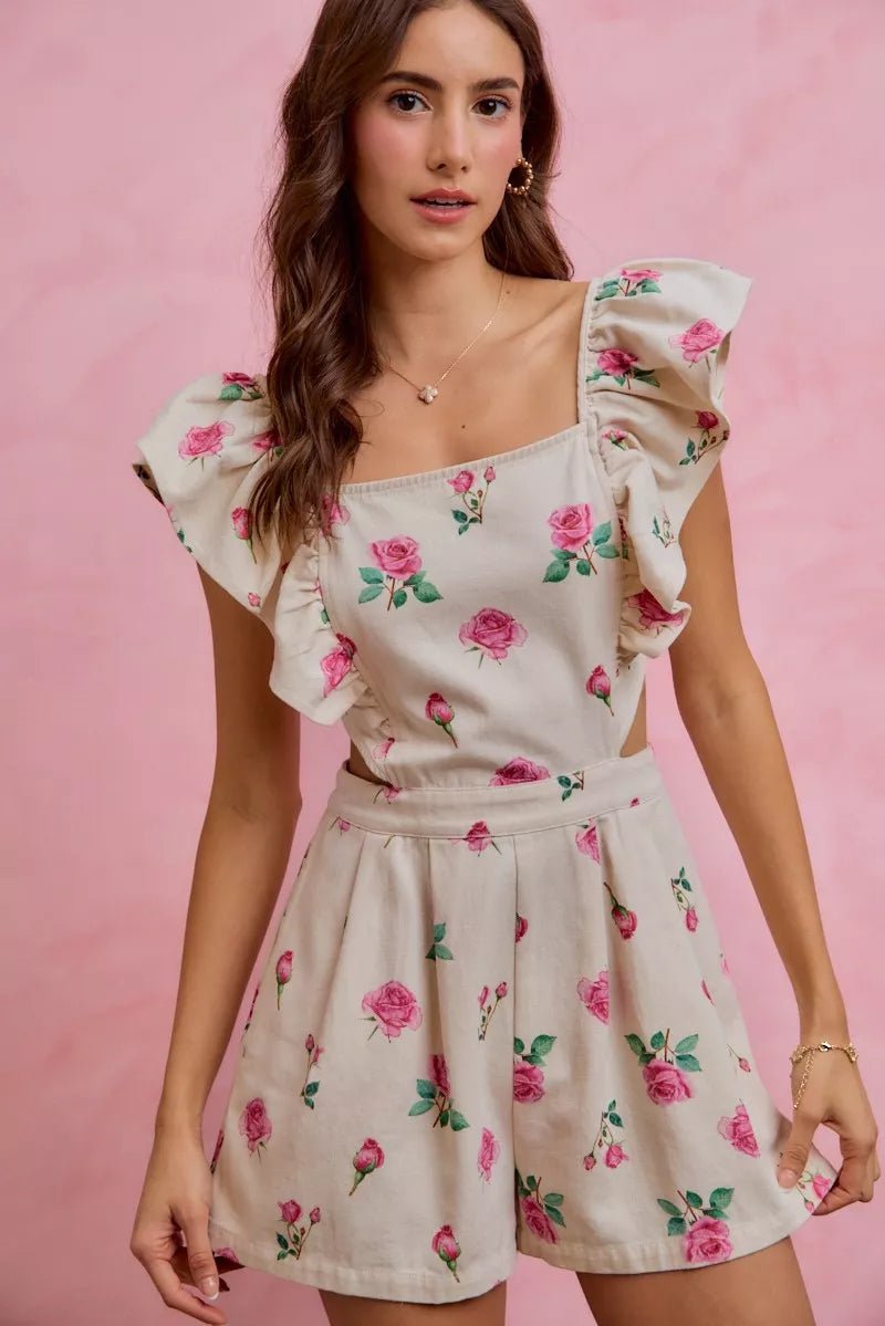 SO ME Floral Print Denim Cut Out Waist Ruffled Romper - IVORY/PINK / S