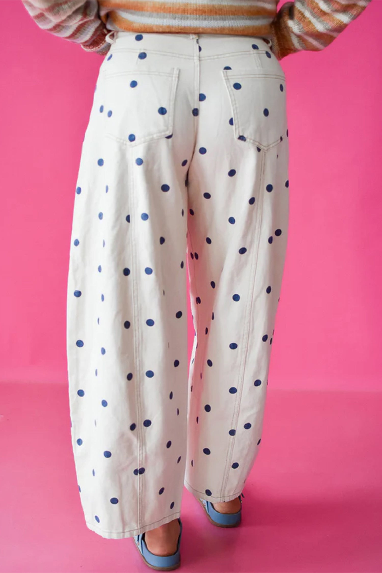 Pink Polka Dot Print Seam Detail Barrel Jeans
