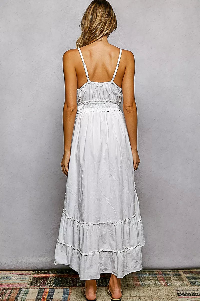 POL Embroidered Detail Tassel Tie Smocked Waist Midi Tiered Cami Dress - IVORY / S