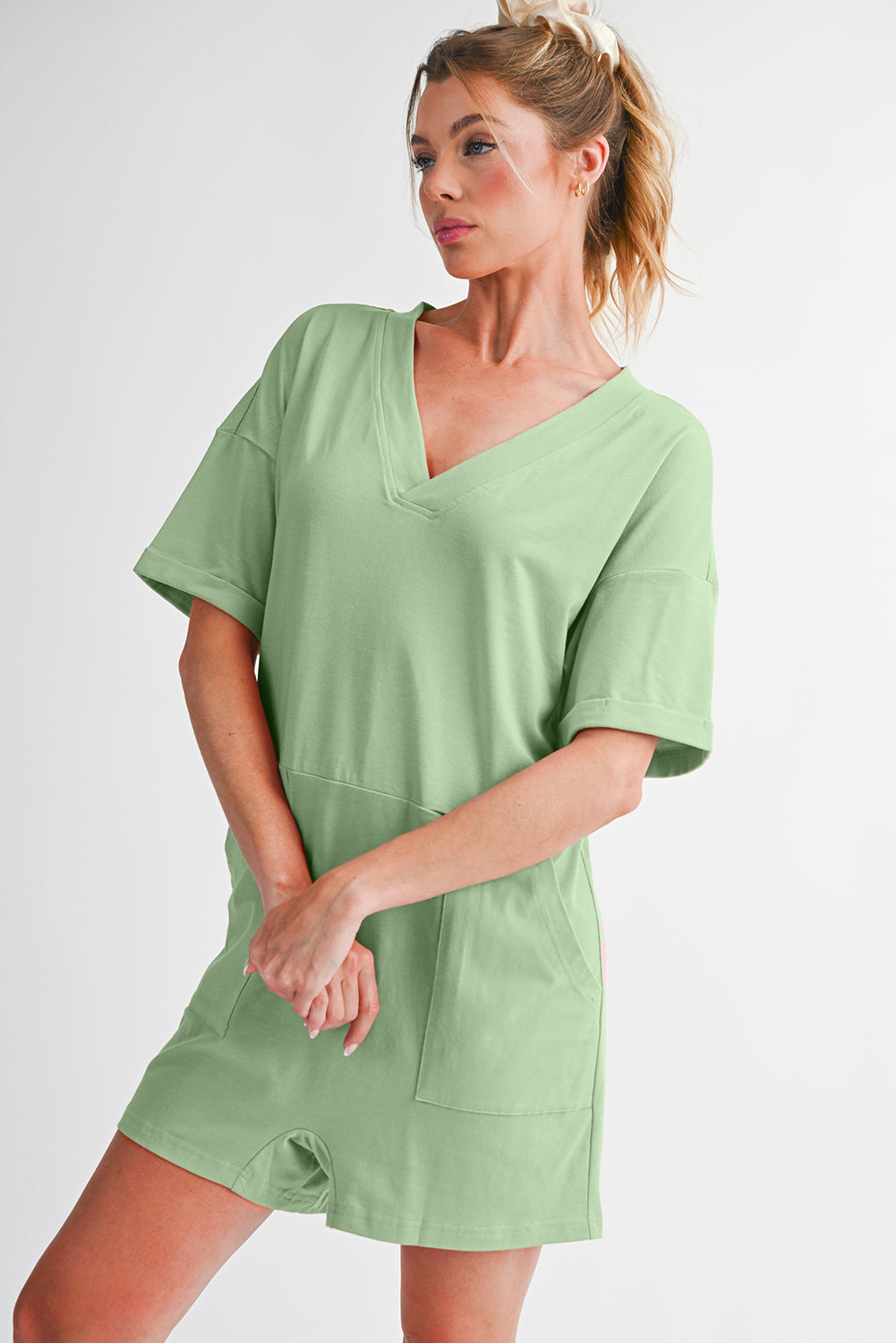 Grass Green Loose Half Sleeve V Neck Plain Romper