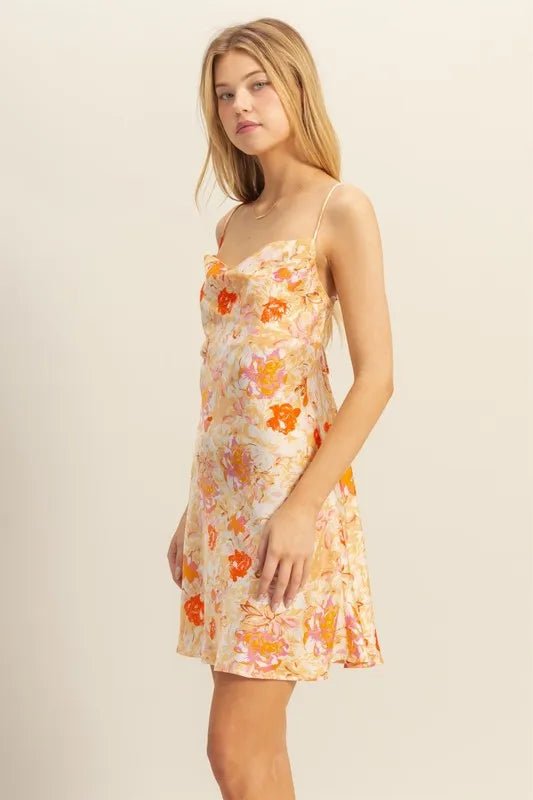 HYFVE Floral Cowl Neck Flirty Satin Mini Dress - ORANGE / S