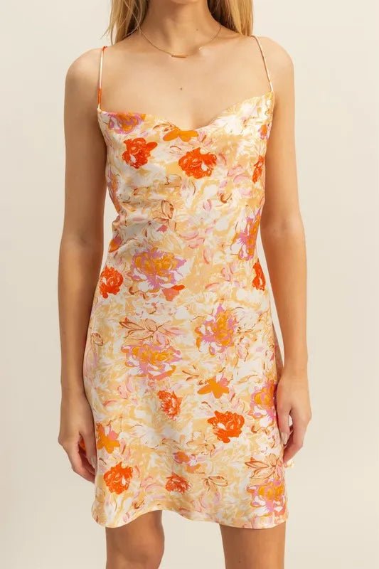 HYFVE Floral Cowl Neck Flirty Satin Mini Dress - ORANGE / S