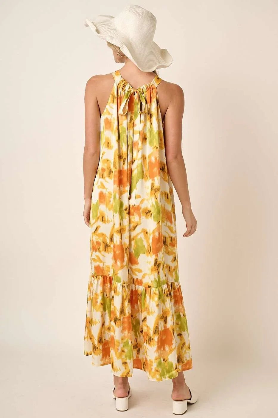 Mittoshop Watercolor Print Halter Neck Satin Maxi Dress - ORANGE / S
