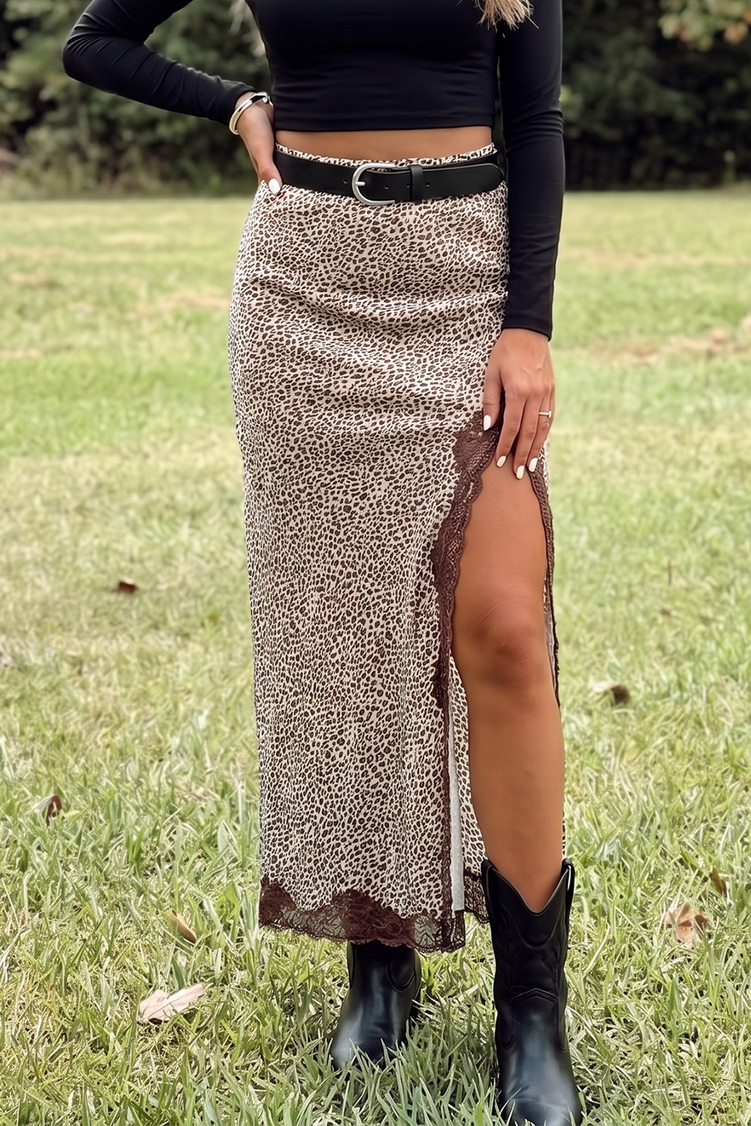 Brown Cheetah Ruched High Waist Lace Splicing Slit Skirt