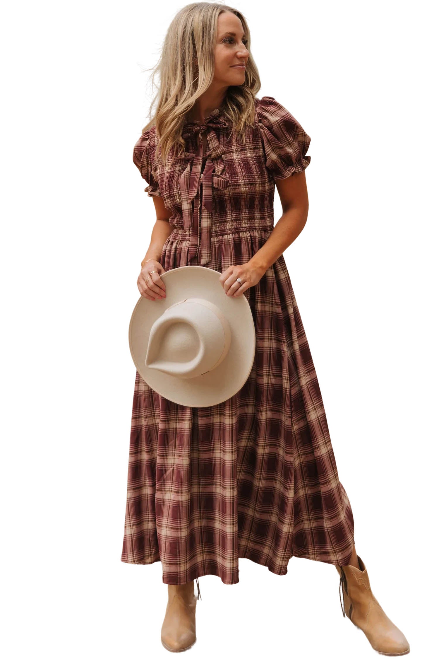 Red Vintage Plaid Midi Dress with Puff Sleeves and Tie Neckline for Daily Wear