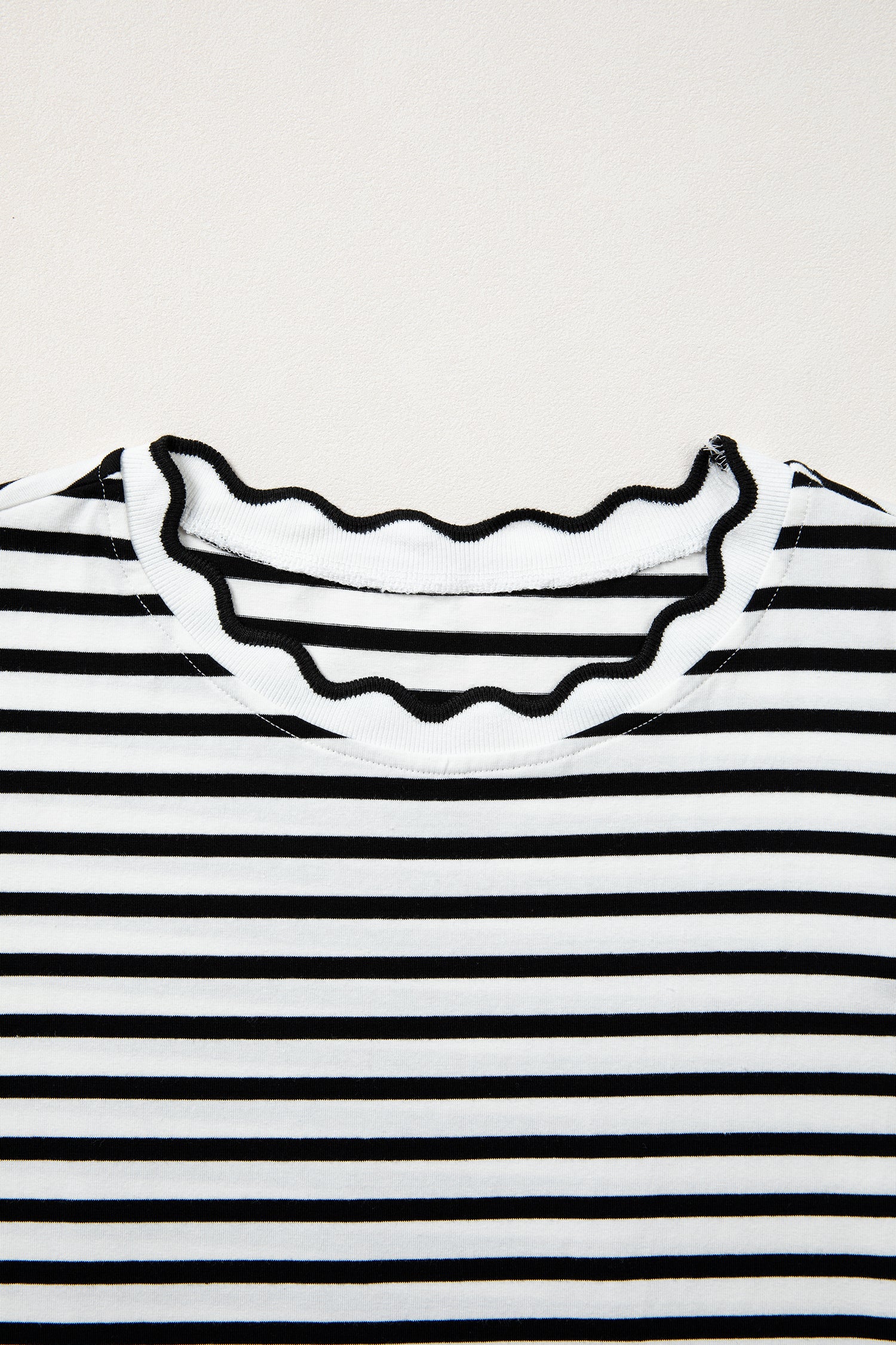 Red Stripe Scalloped Trim Round Neck T Shirt