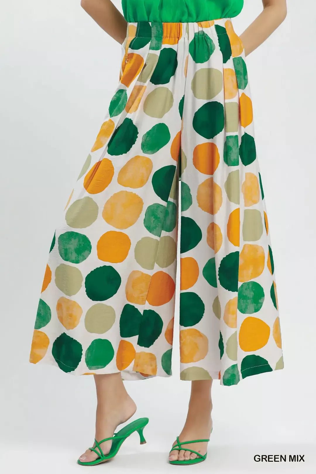 Umgee Dot Print Wide Leg Pants - GREEN MIX / S