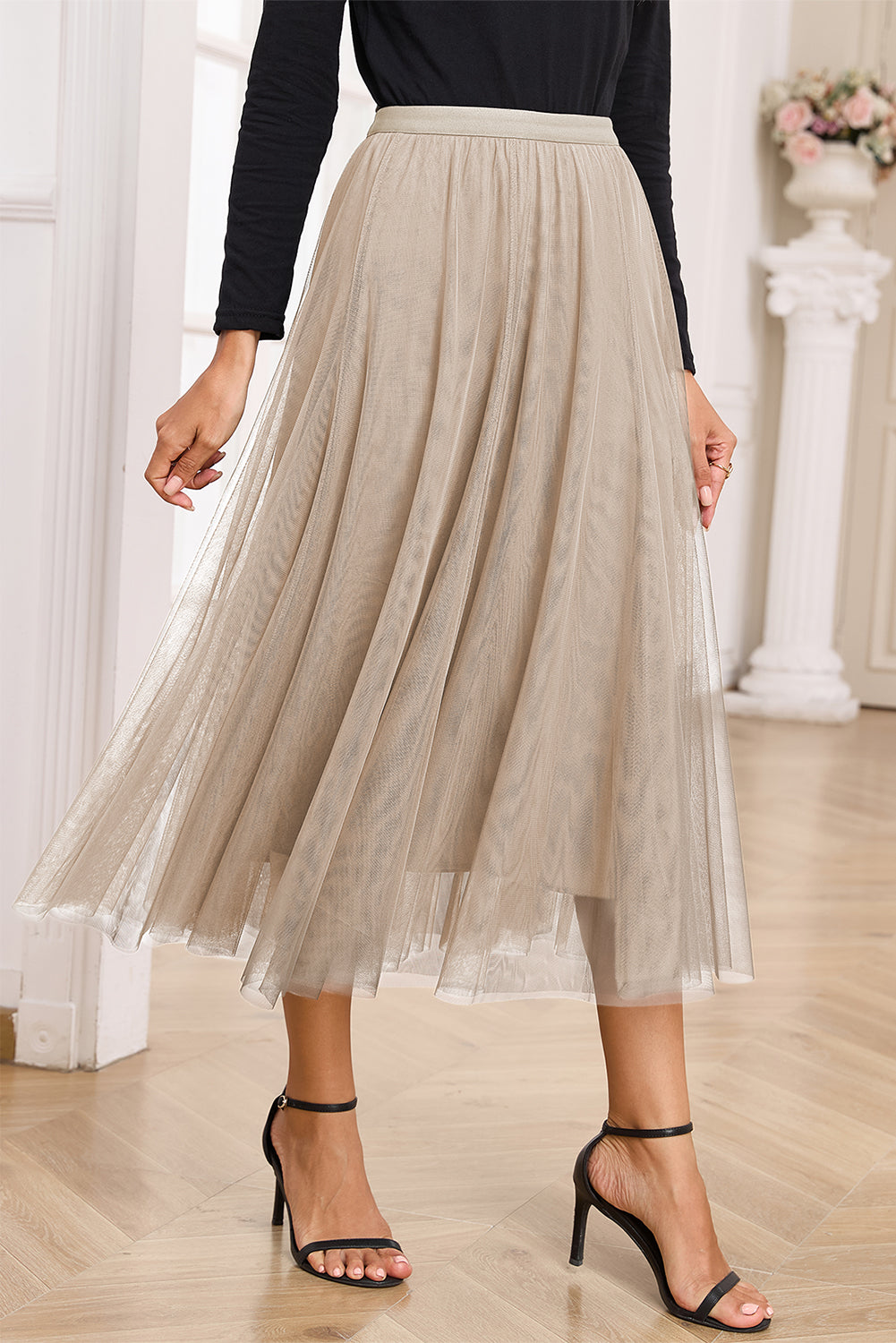 Jungle Green Tulle Mesh Overlay Flared Midi Skirt