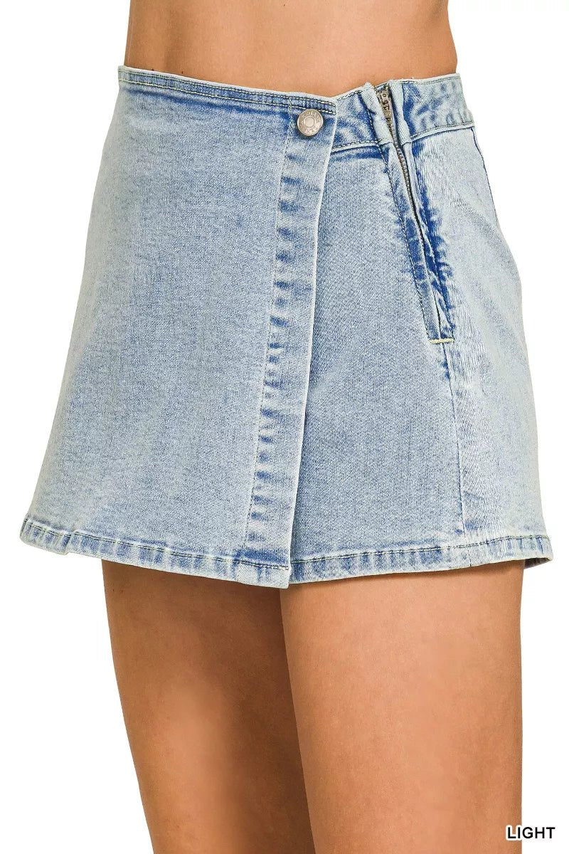 Zenana Wrap Front Denim Skort - LIGHT / S