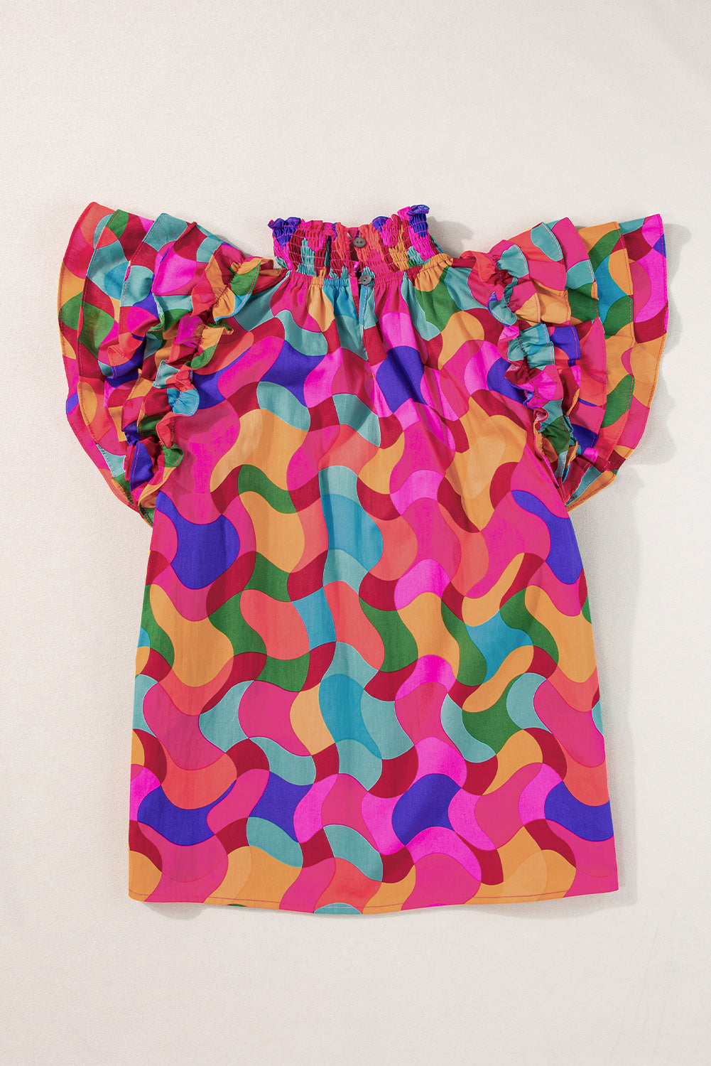 Rose Red Abstract Print Smocked Neck Layered Ruffle Sleeve Blouse
