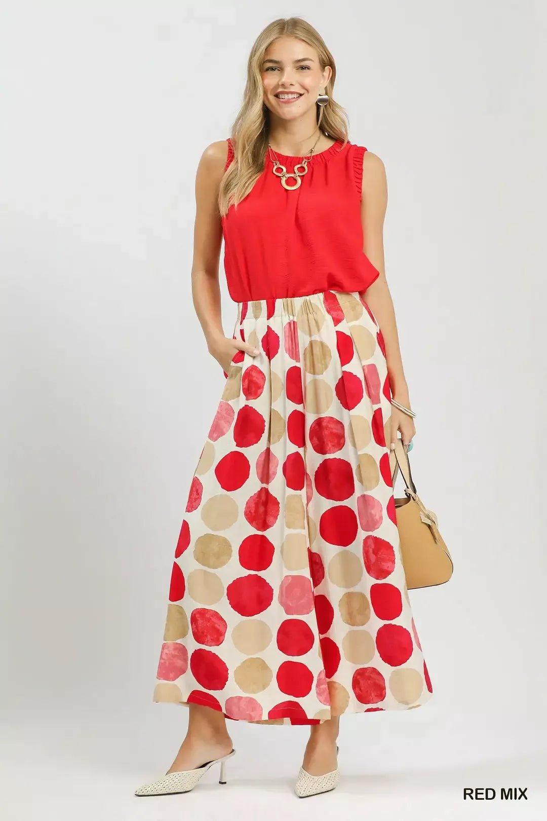 Umgee Dot Print Wide Leg Pants - RED MIX / S